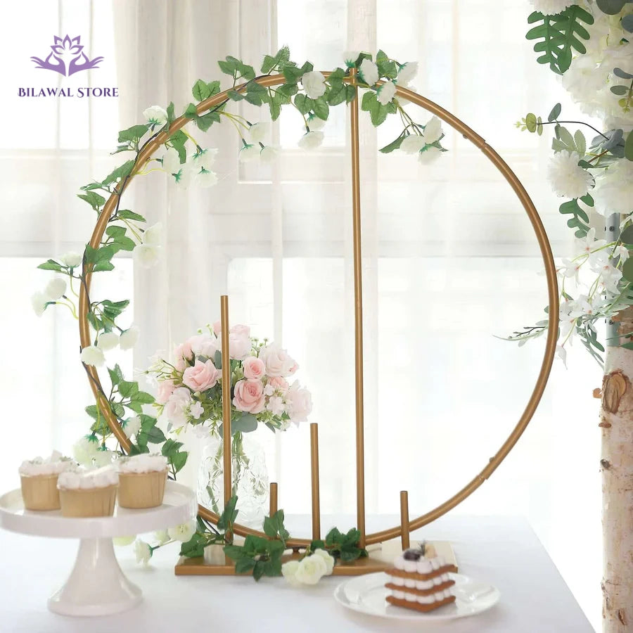 Bilawal Store | Elegant Gold Metal Round Flower Table Wedding Arch Garland Stand